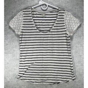 Hinge Women's Small Top Short Sleeve Scoop Neck Lace Sleeves Navy/White Striped